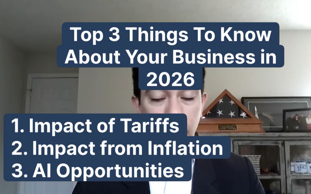 Business owner reviewing a checklist labeled 'Sell My Business in 2026' with icons for strategy, valuation, AI, and management layer.